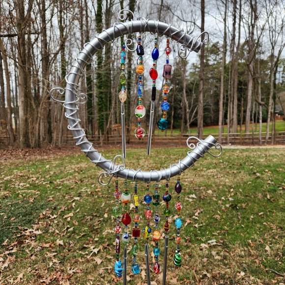 Aluminum Wind Chime Multicolor Lampwork Glass Beads Handmade Home Decor - Picture 3 of 4